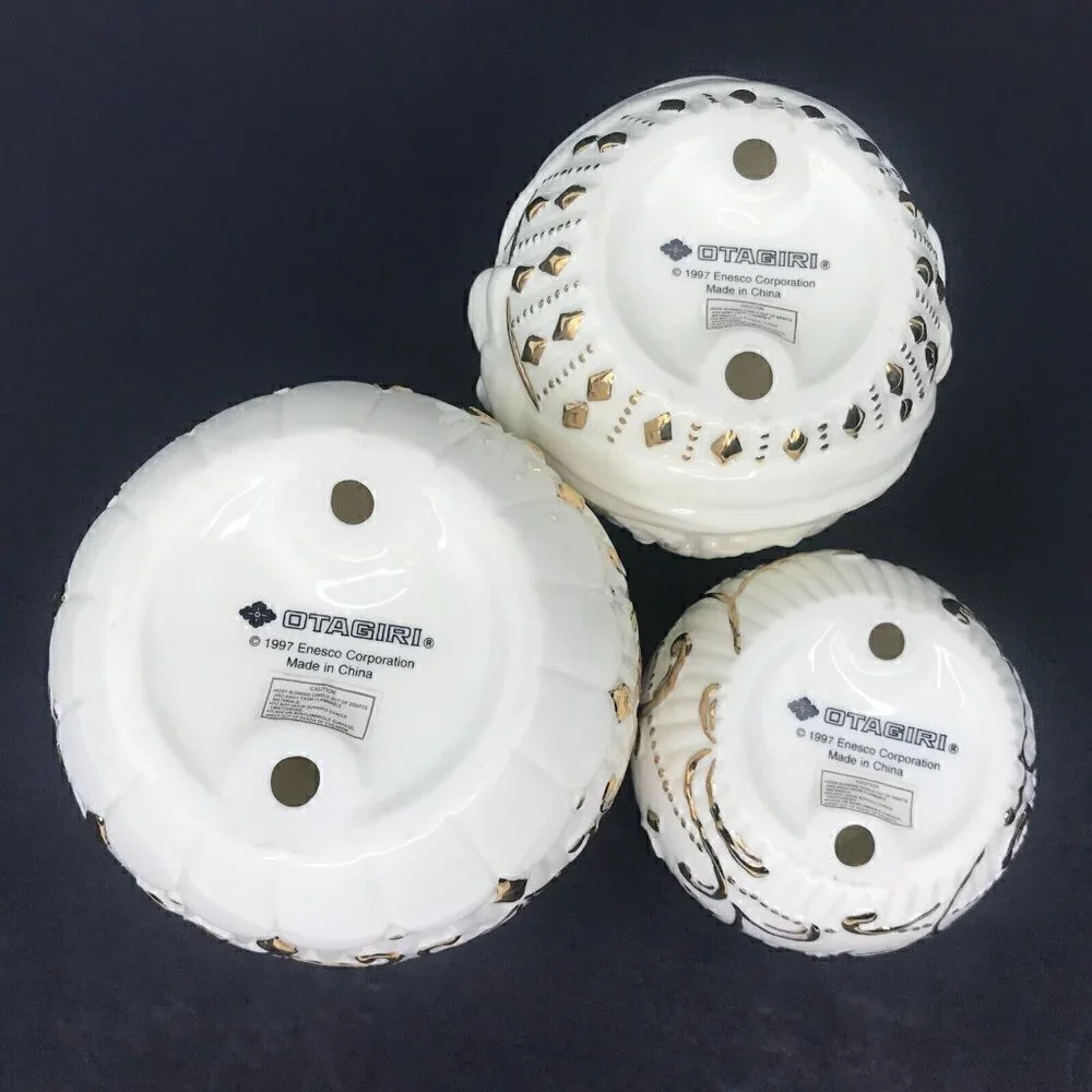 Vintage 90s Otagiri 3 Round Porcelain Tea Light Candle Holders Gold Accent